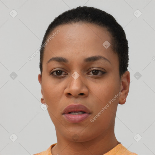 Neutral black young-adult female with short  black hair and brown eyes