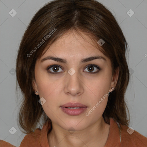 Neutral white young-adult female with medium  brown hair and brown eyes