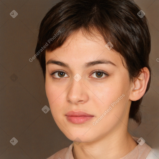 Neutral white young-adult female with medium  brown hair and brown eyes