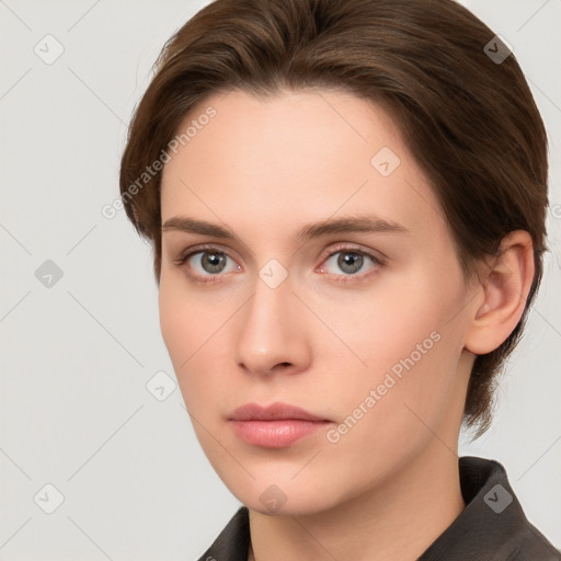 Neutral white young-adult female with medium  brown hair and brown eyes