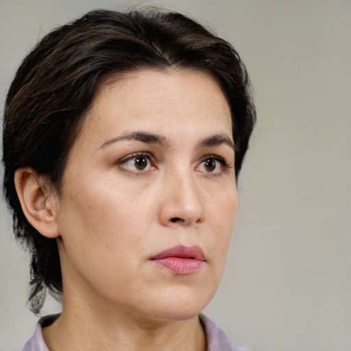 Neutral white young-adult female with medium  brown hair and brown eyes