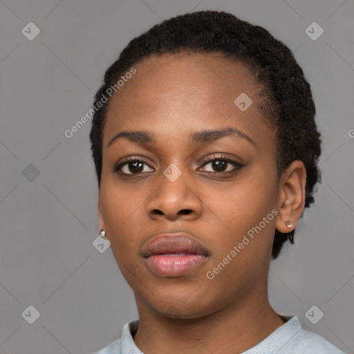 Neutral black young-adult female with short  black hair and brown eyes