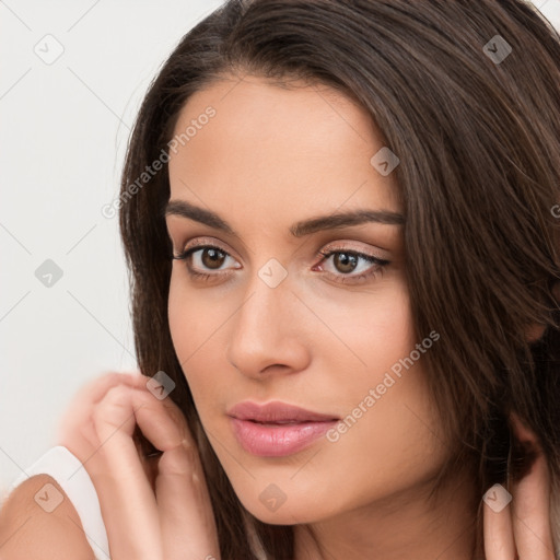 Neutral white young-adult female with long  brown hair and brown eyes