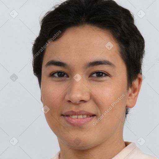 Joyful asian young-adult female with short  brown hair and brown eyes