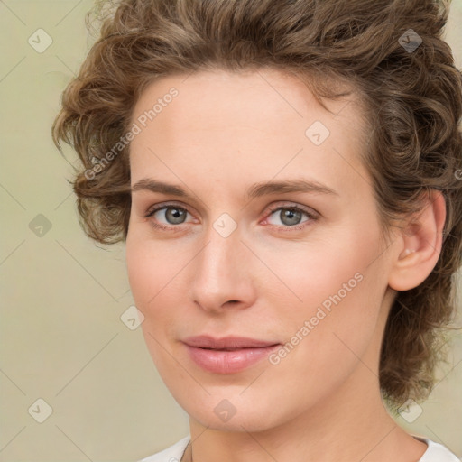 Joyful white young-adult female with medium  brown hair and green eyes