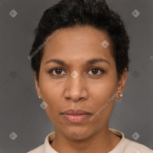 Neutral black young-adult female with short  brown hair and brown eyes