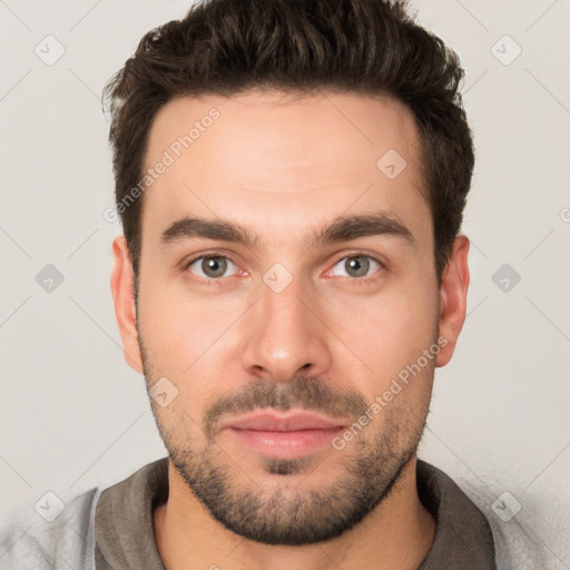 Neutral white young-adult male with short  brown hair and brown eyes