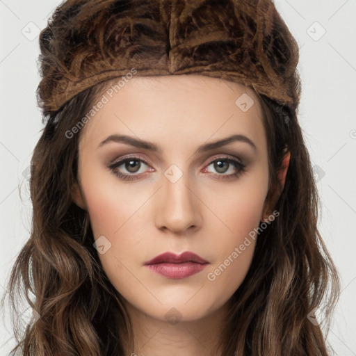 Neutral white young-adult female with long  brown hair and brown eyes