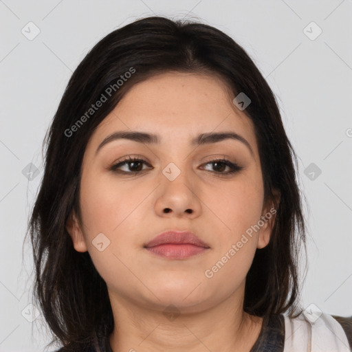 Neutral white young-adult female with medium  brown hair and brown eyes