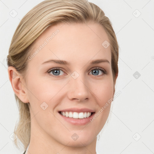 Joyful white young-adult female with medium  brown hair and blue eyes