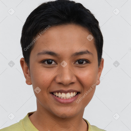 Joyful latino young-adult female with short  brown hair and brown eyes