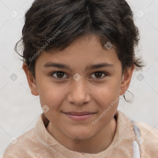 Joyful white child female with short  brown hair and brown eyes