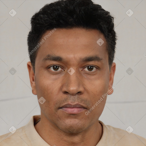 Neutral latino young-adult male with short  black hair and brown eyes