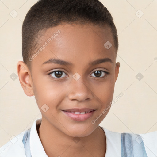 Joyful white child female with short  brown hair and brown eyes