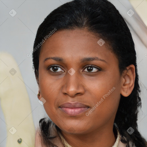 Joyful black young-adult female with medium  brown hair and brown eyes