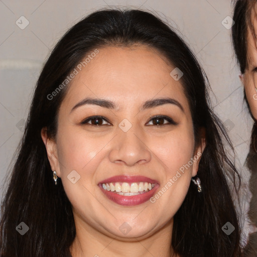 Joyful white young-adult female with long  brown hair and brown eyes