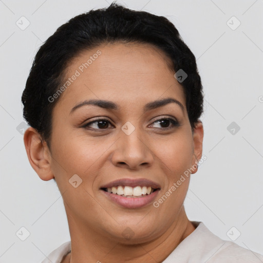 Joyful latino young-adult female with short  brown hair and brown eyes