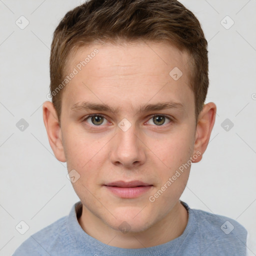 Neutral white young-adult male with short  brown hair and grey eyes