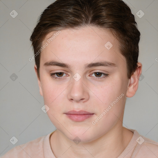 Neutral white young-adult female with short  brown hair and brown eyes