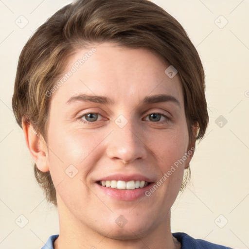 Joyful white young-adult female with short  brown hair and grey eyes