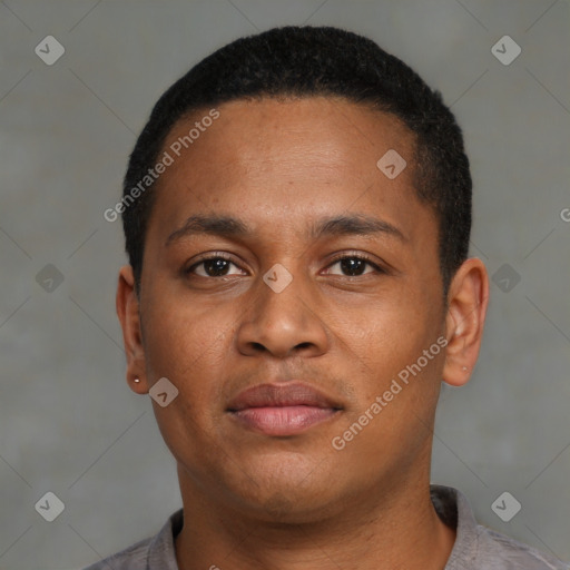 Neutral black young-adult male with short  black hair and brown eyes