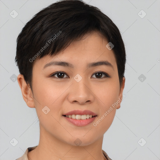 Joyful asian young-adult female with short  brown hair and brown eyes