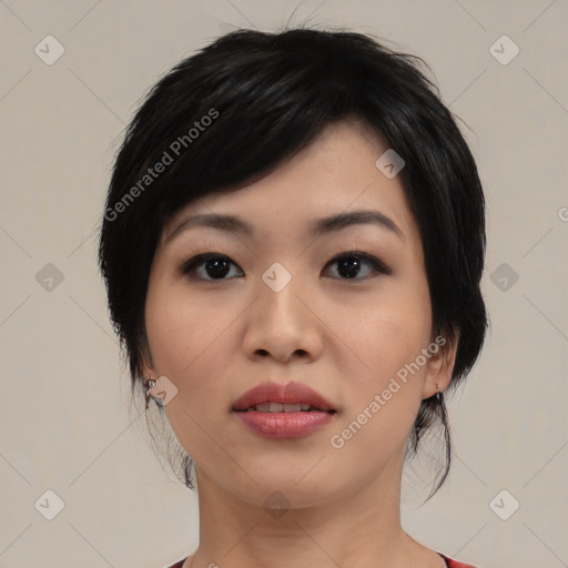 Neutral asian young-adult female with medium  black hair and brown eyes