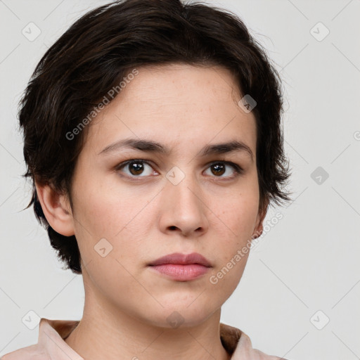 Neutral white young-adult female with medium  brown hair and brown eyes