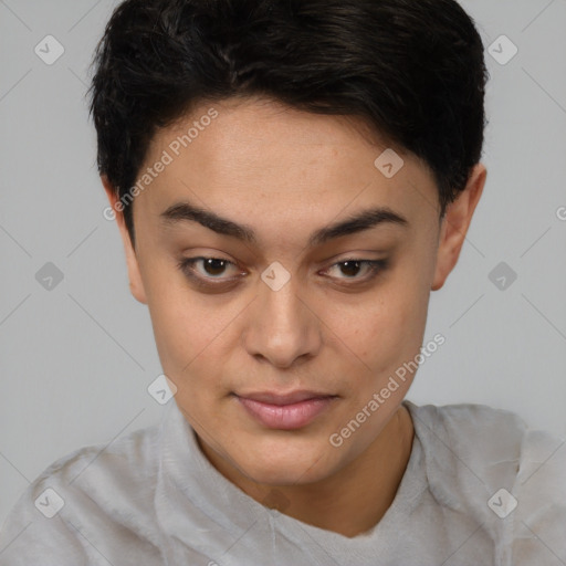 Joyful white young-adult female with short  brown hair and brown eyes