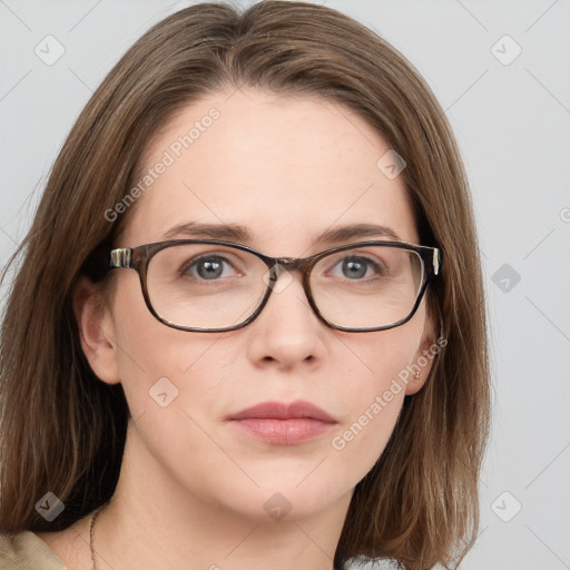 Neutral white young-adult female with medium  brown hair and grey eyes