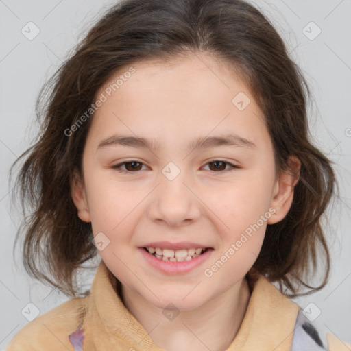 Joyful white child female with medium  brown hair and brown eyes