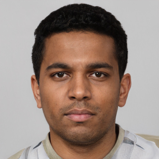 Neutral latino young-adult male with short  black hair and brown eyes