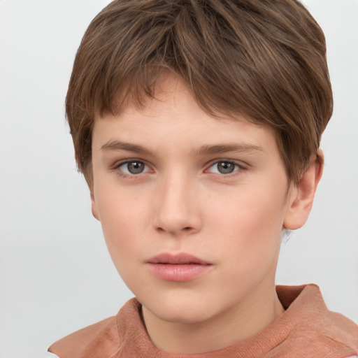 Neutral white child female with short  brown hair and grey eyes