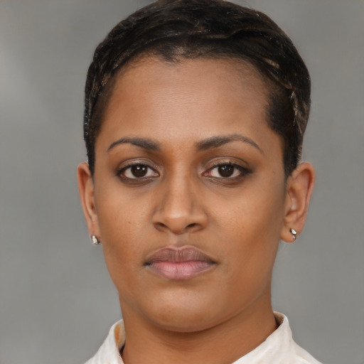 Joyful black young-adult female with short  brown hair and brown eyes