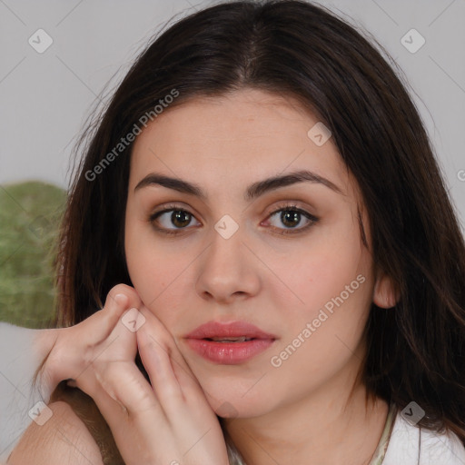 Neutral white young-adult female with medium  brown hair and brown eyes