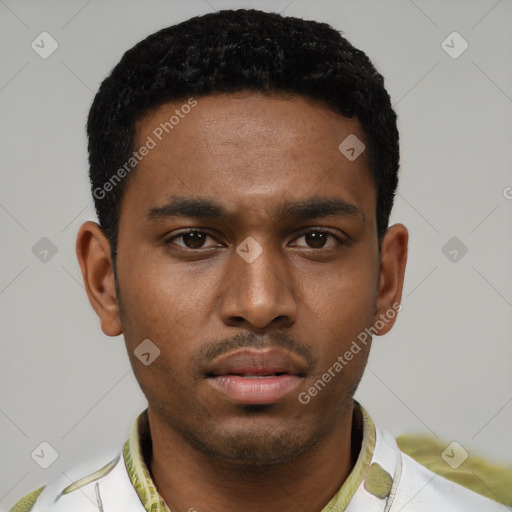 Neutral black young-adult male with short  black hair and brown eyes