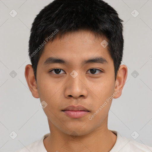 Neutral asian young-adult male with short  black hair and brown eyes