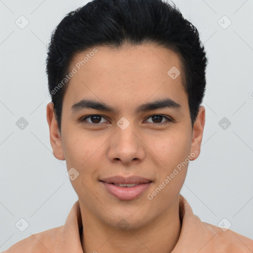 Joyful latino young-adult male with short  black hair and brown eyes