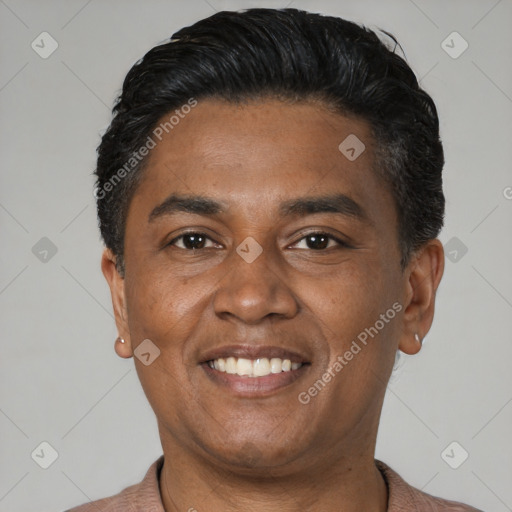 Joyful latino young-adult male with short  black hair and brown eyes