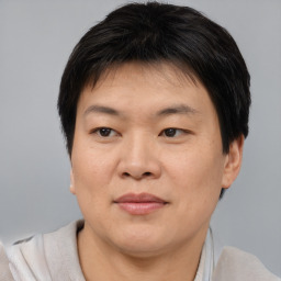 Joyful asian adult female with short  brown hair and brown eyes