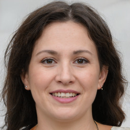 Joyful white adult female with medium  brown hair and brown eyes