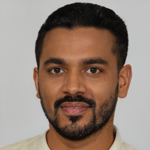 Neutral black young-adult male with short  black hair and brown eyes