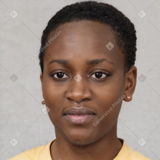 Neutral black young-adult female with short  brown hair and brown eyes