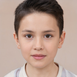 Joyful white child female with short  brown hair and brown eyes