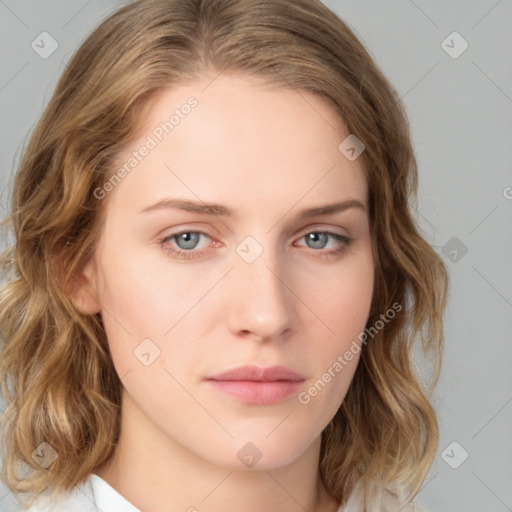 Neutral white young-adult female with medium  brown hair and blue eyes