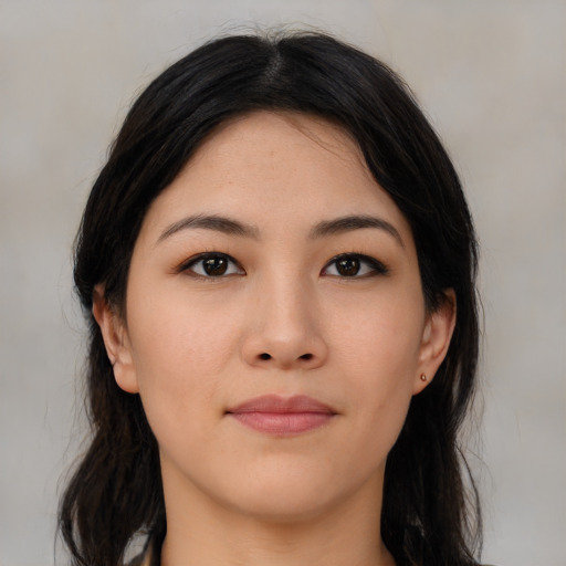 Neutral asian young-adult female with long  black hair and brown eyes