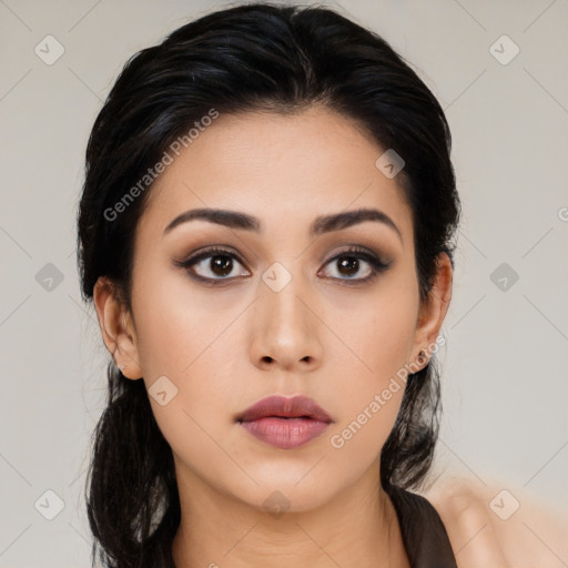 Neutral asian young-adult female with long  black hair and brown eyes