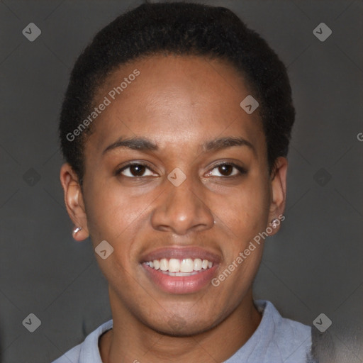 Joyful latino young-adult female with short  brown hair and brown eyes