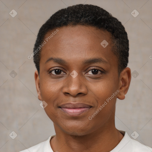 Joyful black young-adult female with short  black hair and brown eyes