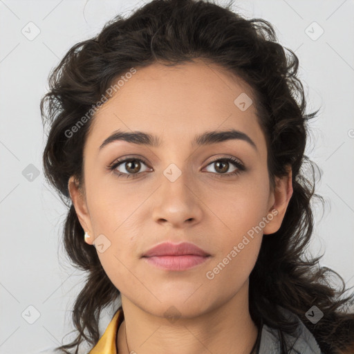 Neutral white young-adult female with medium  brown hair and brown eyes